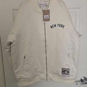 Cream Bomber Jacket with New York Embroidery, Mitchelle & Ness.